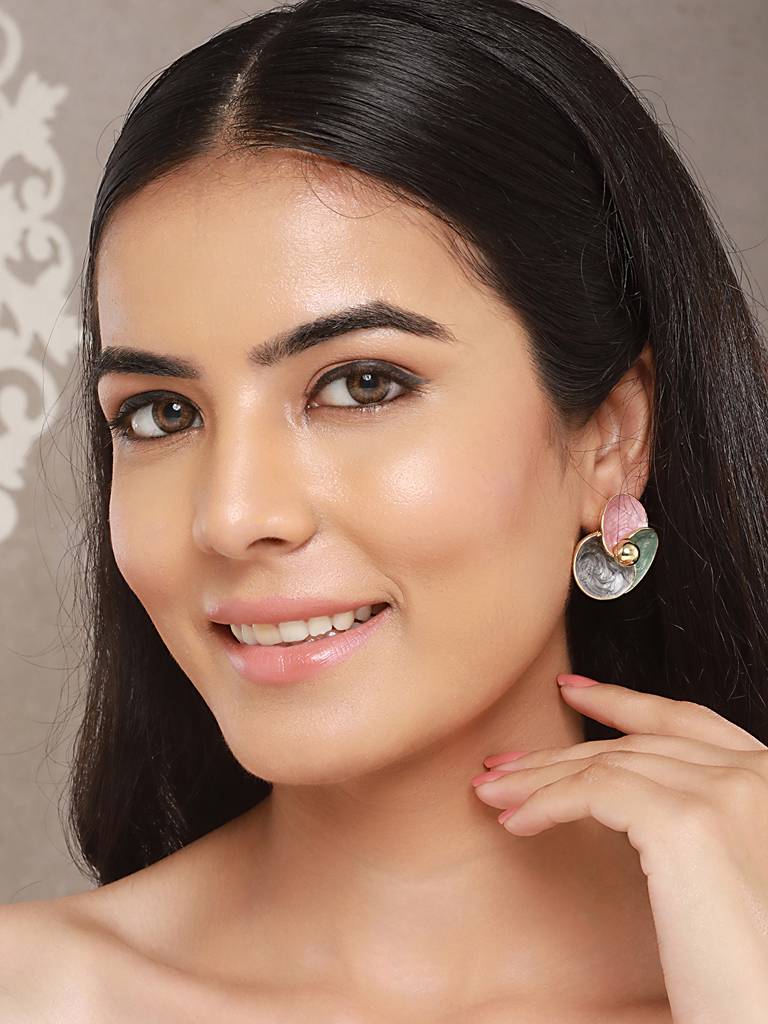 Anti-Tarnish 18K Gold Plated & Enamelled Floral Statement Studs Earrings : STER8031