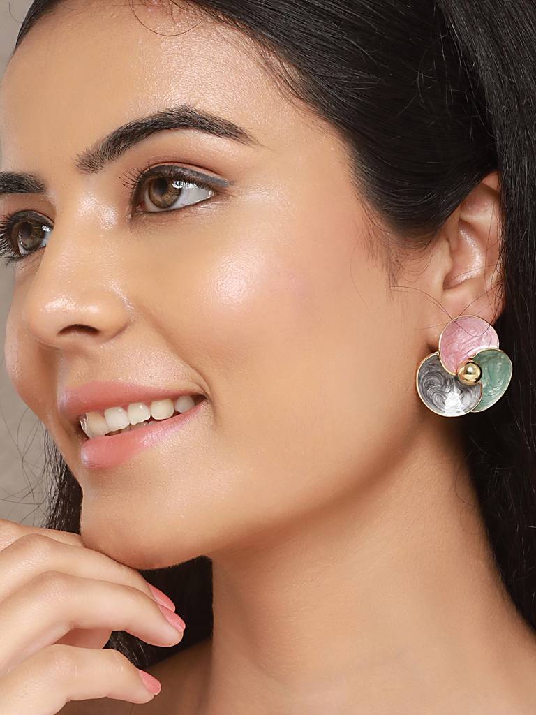Anti-Tarnish 18K Gold Plated & Enamelled Floral Statement Studs Earrings : STER8031
