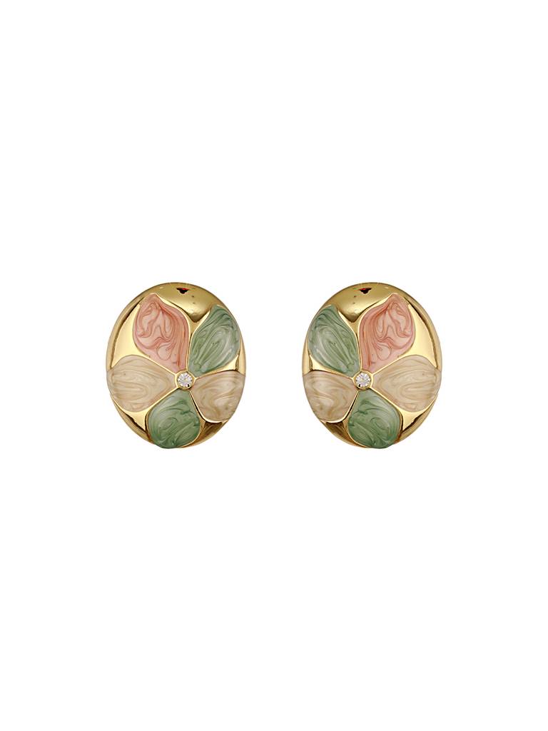 Anti-Tarnish 18K Gold Plated Floral Enamelled Large Circular Studds Earrings : STER8032