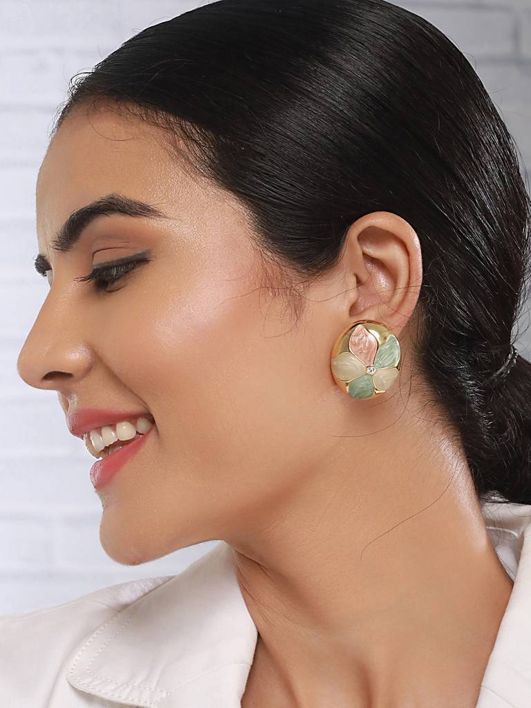Anti-Tarnish 18K Gold Plated Floral Enamelled Large Circular Studds Earrings : STER8032