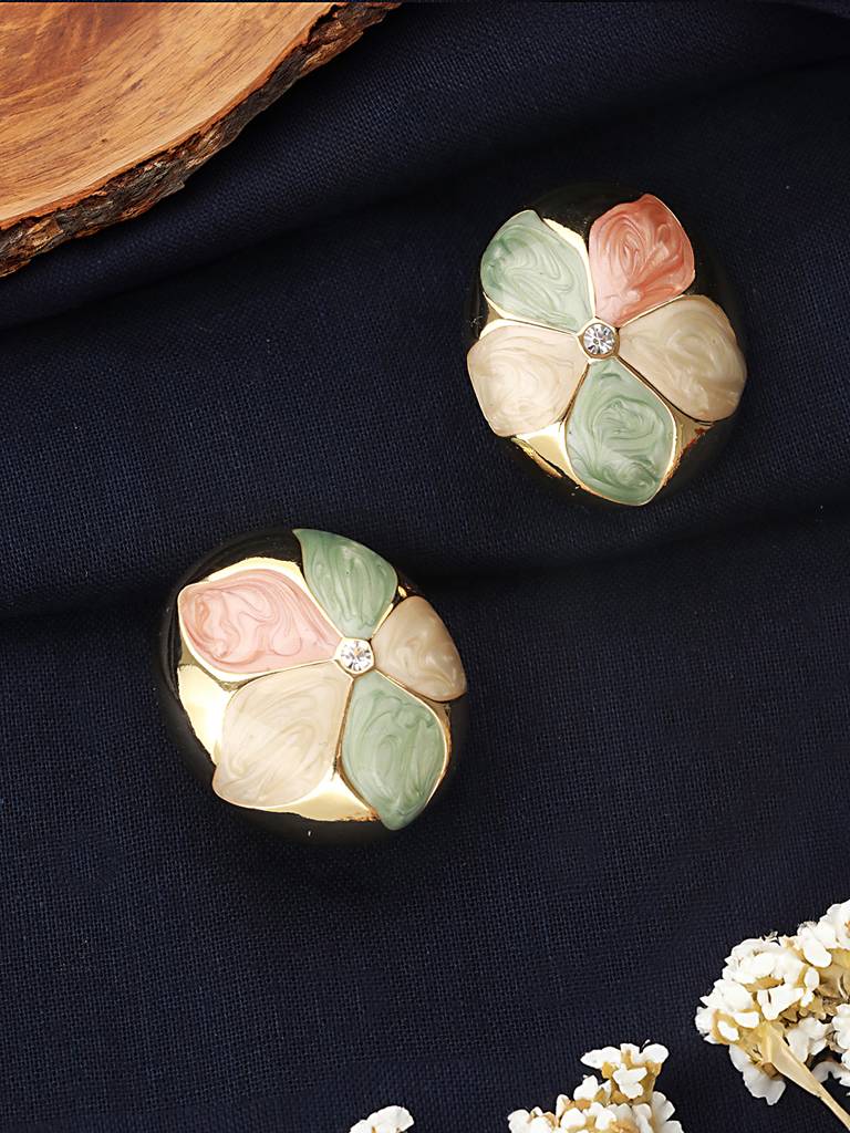 Anti-Tarnish 18K Gold Plated Floral Enamelled Large Circular Studds Earrings : STER8032