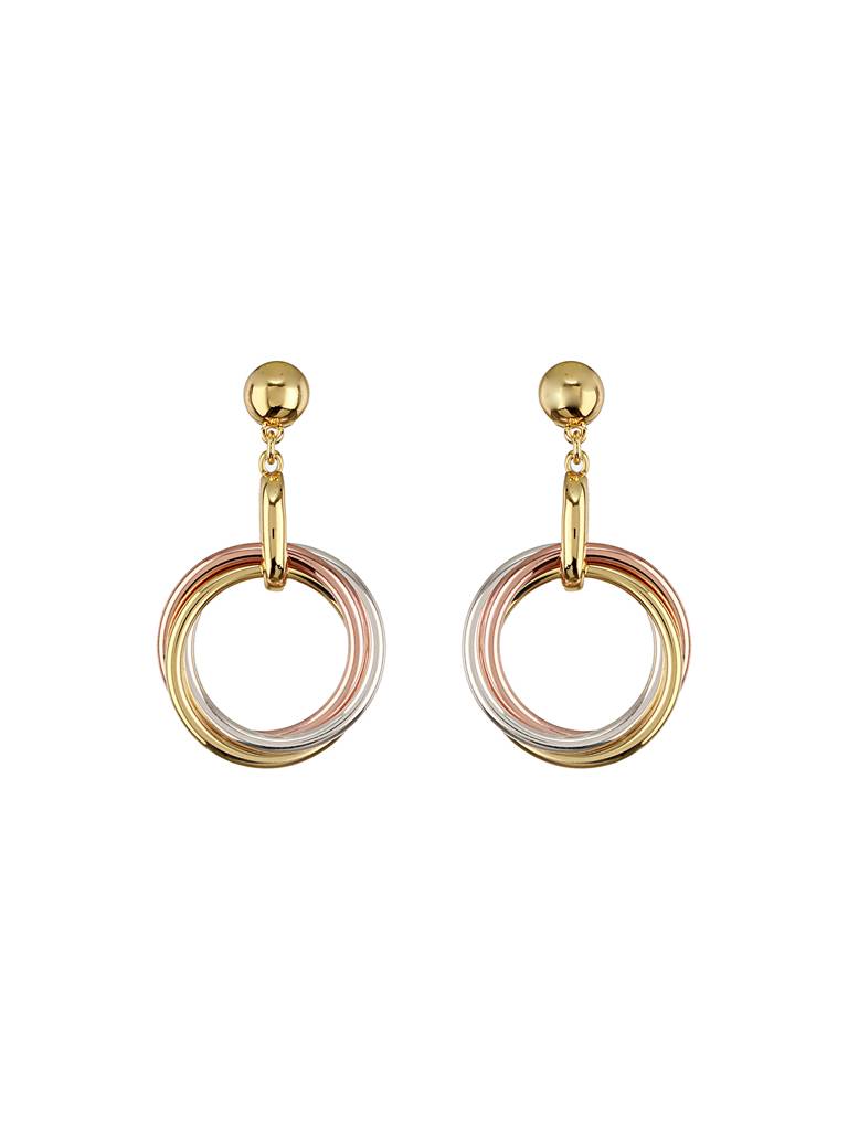 Anti-Tarnish 3 Toned Gold Plated Twisted Round Double Circle Chunky Drop Hoop Earrings : STER8033