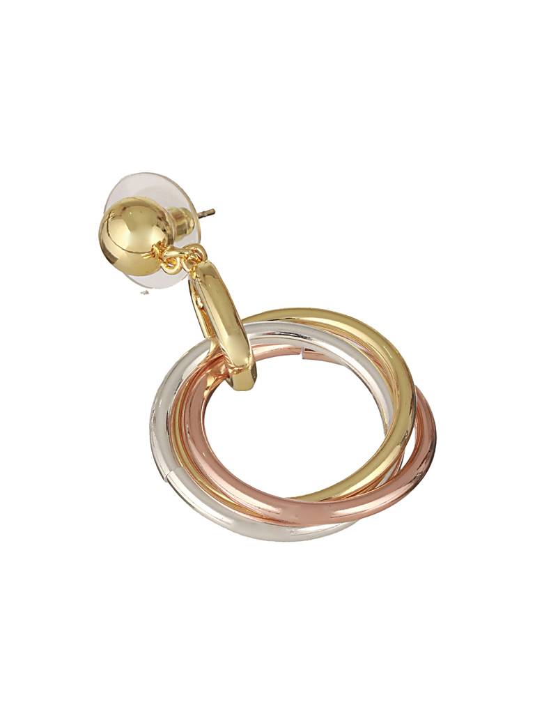 Anti-Tarnish 3 Toned Gold Plated Twisted Round Double Circle Chunky Drop Hoop Earrings : STER8033