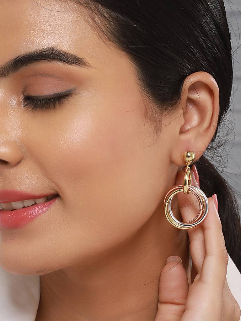Anti-Tarnish 3 Toned Gold Plated Twisted Round Double Circle Chunky Drop Hoop Earrings : STER8033