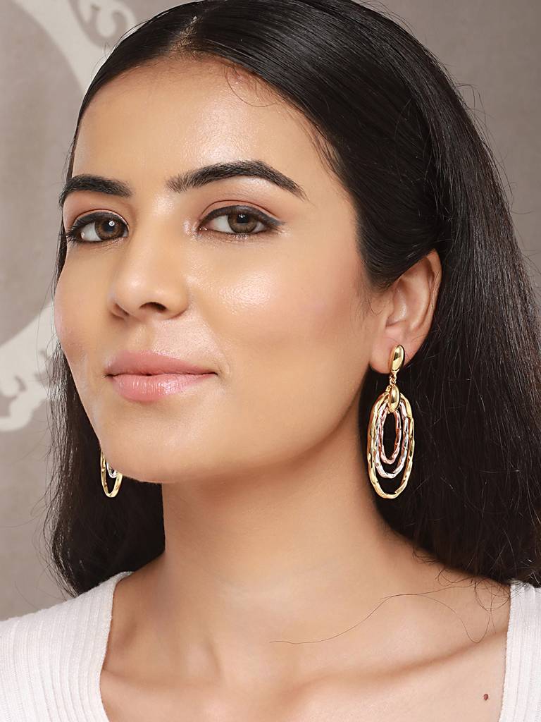 Anti-Tarnish 3 Toned Twisted Elliptical Concentric Ring Hoop Earrings : STER8035