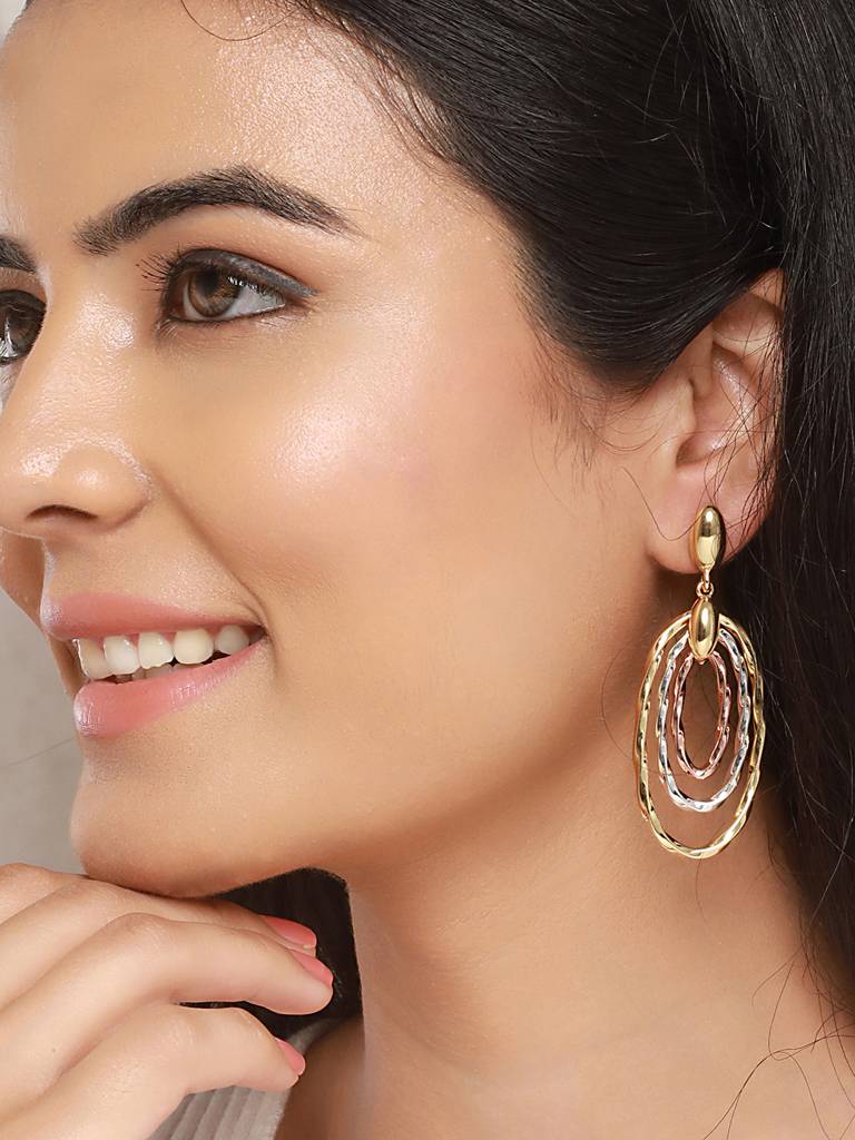 Anti-Tarnish 3 Toned Twisted Elliptical Concentric Ring Hoop Earrings : STER8035