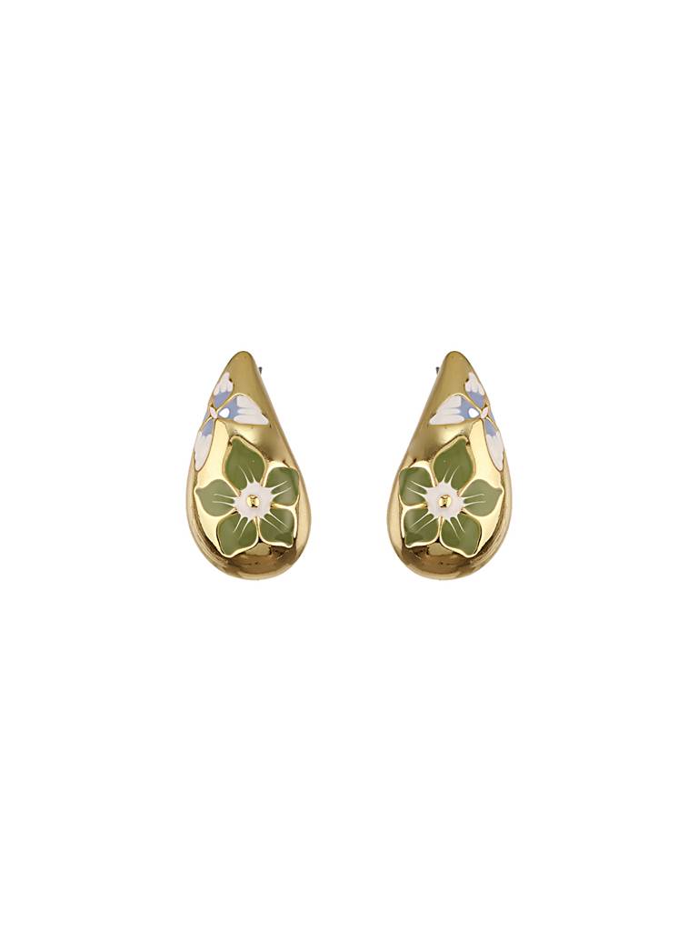 Anti-Tarnish Gold Plated & Enamelled Floral Tear Shaped Studds Earrings : STER8036