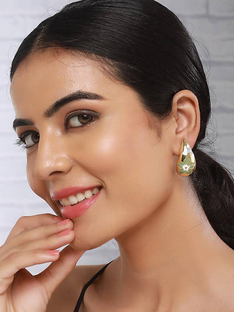 Anti-Tarnish Gold Plated & Enamelled Floral Tear Shaped Studds Earrings : STER8036