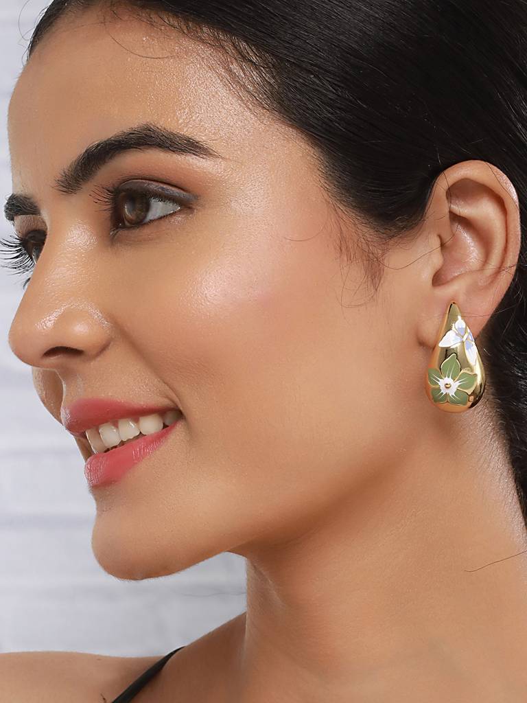 Anti-Tarnish Gold Plated & Enamelled Floral Tear Shaped Studds Earrings : STER8036