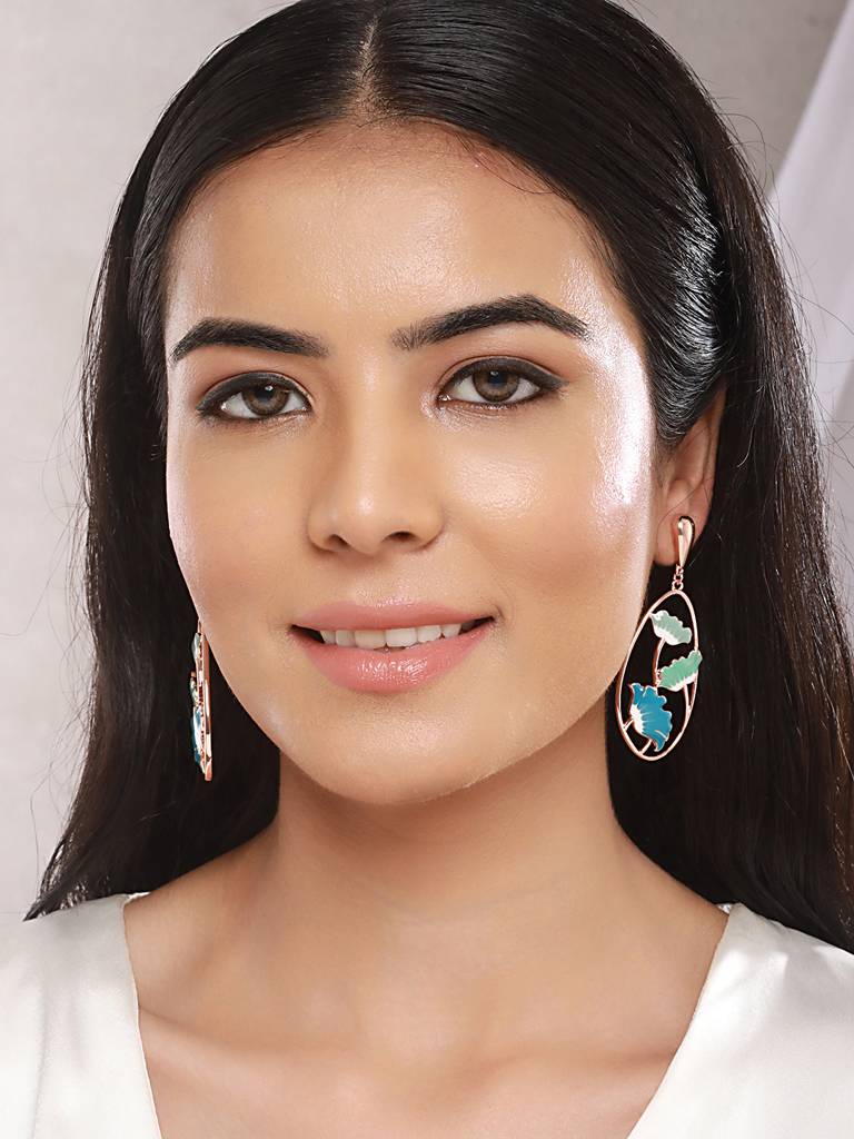 Anti-Tarnish Gold Plated  Blue  Enamelled Floral Statement Luxe Drop  Earrings : STER8040