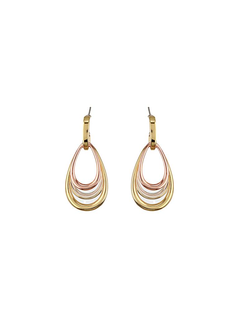 Anti-Tarnish Tri Gold Plated Concentric Drop Shaped Dangler Hoop Earrings : STER8042