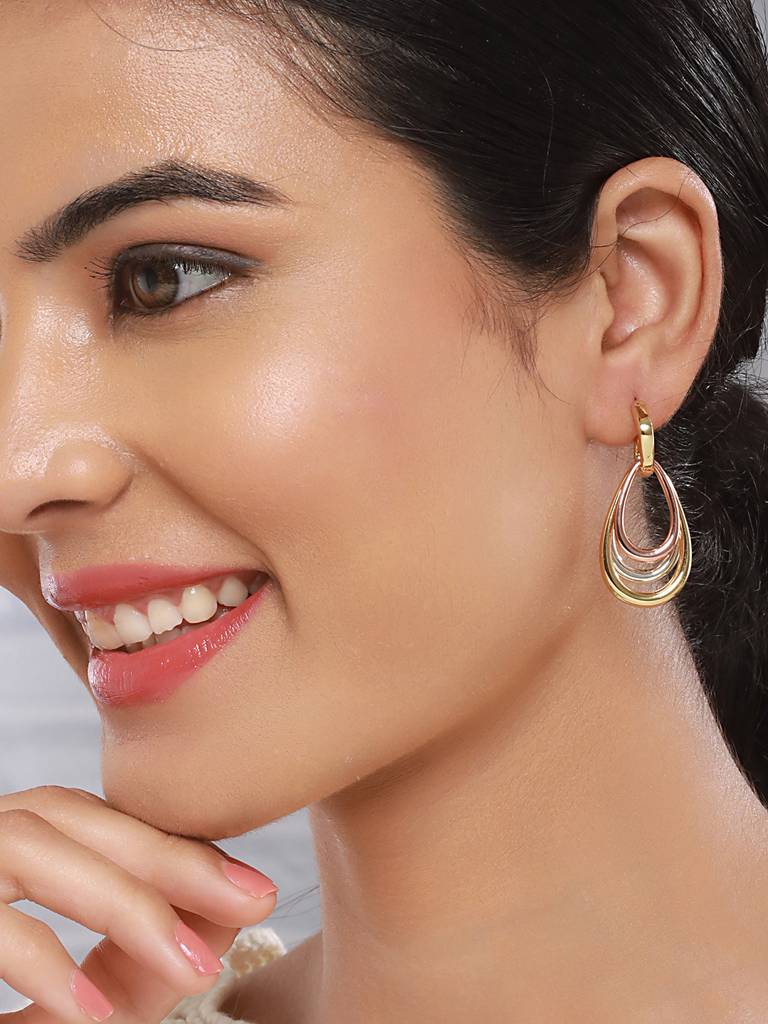 Anti-Tarnish Tri Gold Plated Concentric Drop Shaped Dangler Hoop Earrings : STER8042