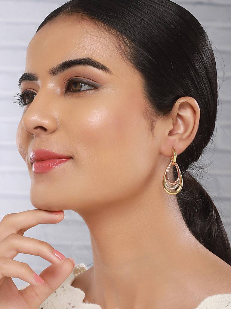 Anti-Tarnish Tri Gold Plated Concentric Drop Shaped Dangler Hoop Earrings : STER8042