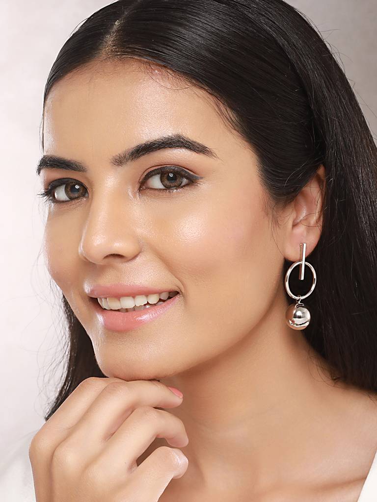 Anti-Tarnish Silver Plated Dangle Ball Drop Hoop Earrings : STER8045