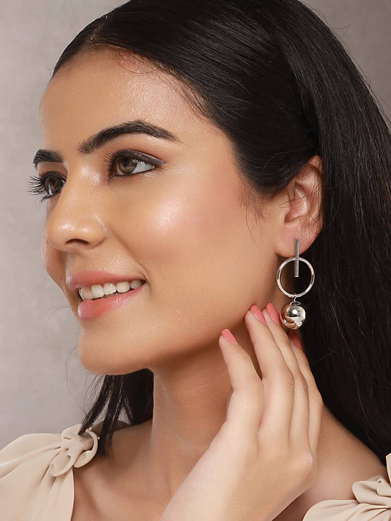 Anti-Tarnish Silver Plated Dangle Ball Drop Hoop Earrings : STER8045