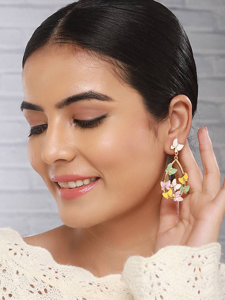 Anti-Tarnish Gold Plated Enamelled Butterfly Statement Luxe Drop Earrings : STER8046