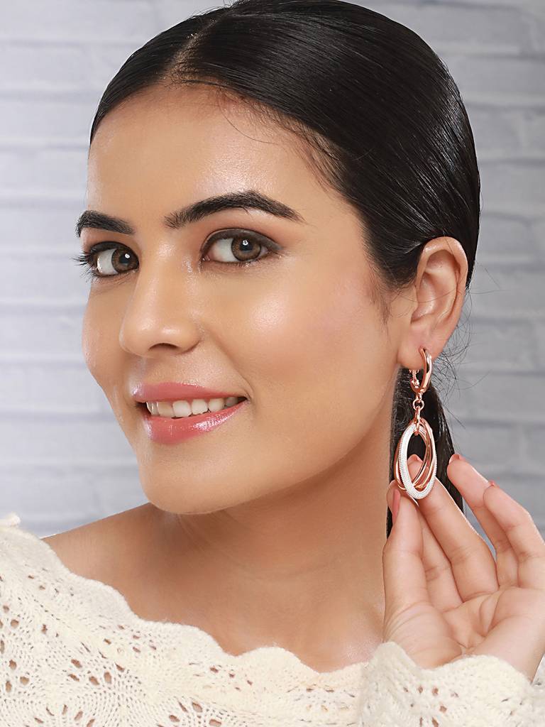 Anti-Tarnish Rose Gold Concentric Circular Drop Dangling Earrings : STER8049