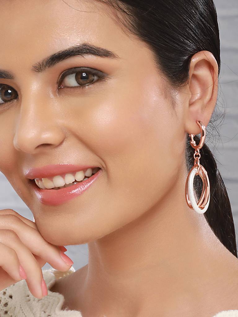 Anti-Tarnish Rose Gold Concentric Circular Drop Dangling Earrings : STER8049