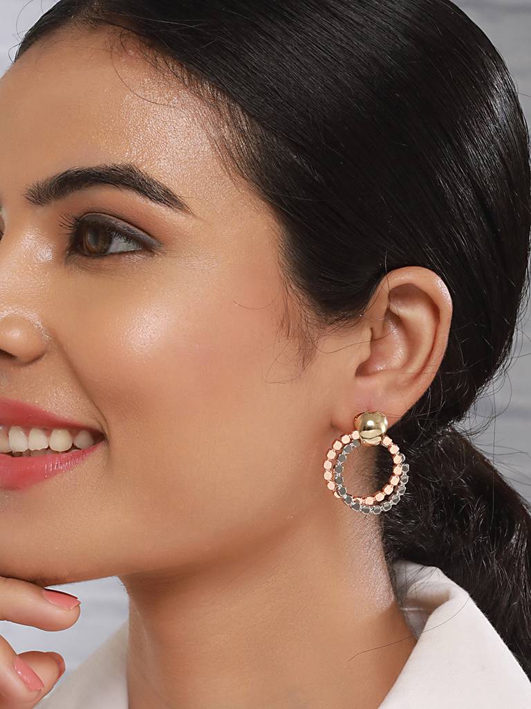 Anti-Tarnish Silver & Rose Plated Hammered Circular Hoop Earrings : STER8058