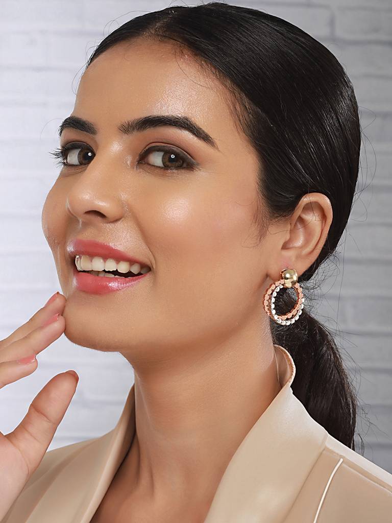 Anti-Tarnish Silver & Rose Plated Hammered Circular Hoop Earrings : STER8058