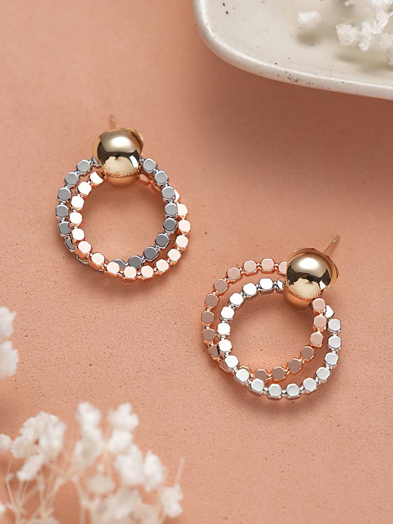 Anti-Tarnish Silver & Rose Plated Hammered Circular Hoop Earrings : STER8058