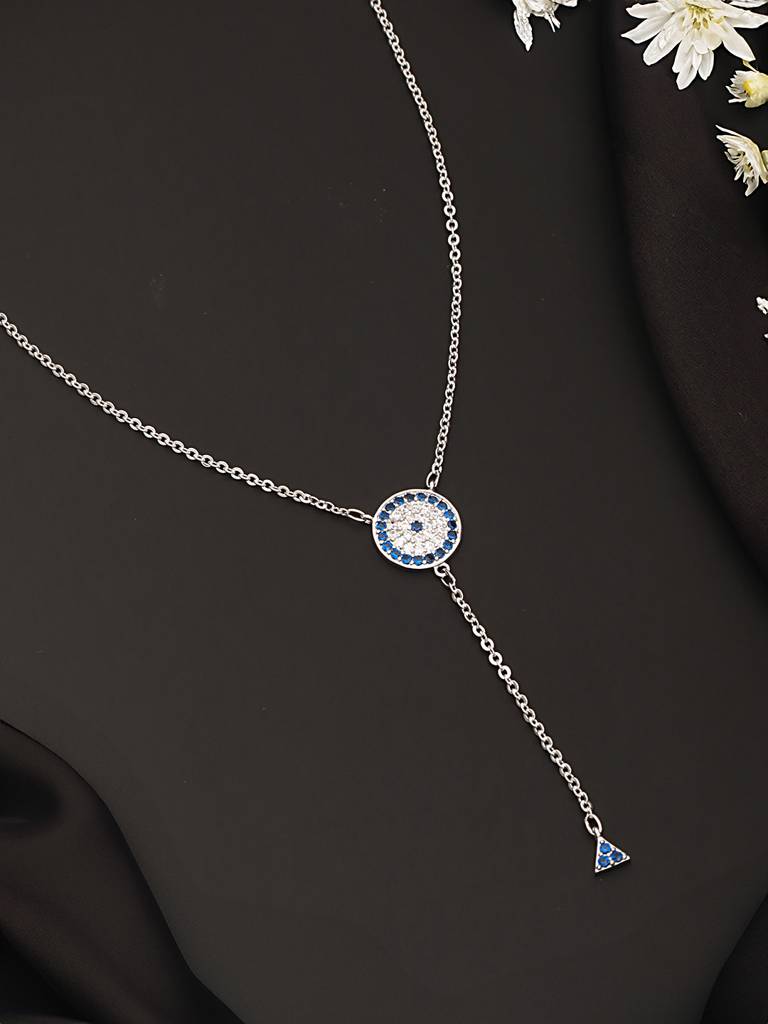Anti-Tarnish Silver Plated Ad Studded Delicate Dangling Evil Eye Necklace : STLK8063