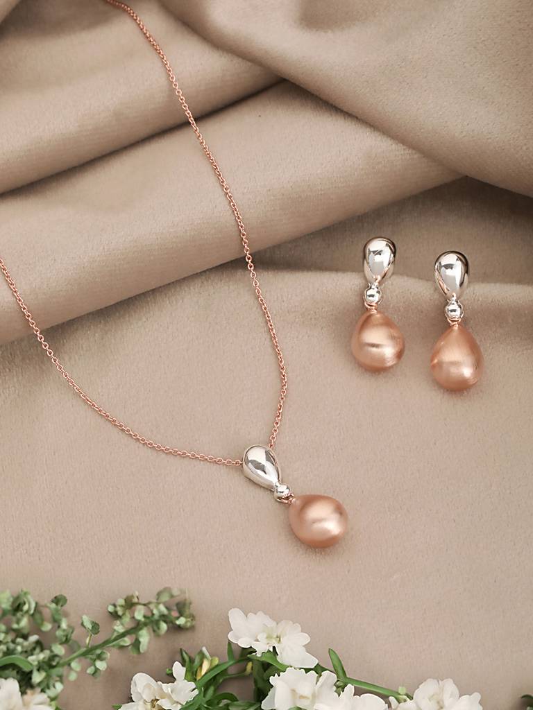 Anti-Tarnish Dual Plated Water Drop Shaped Minimal Trendy Pendant Jewellery Set : STLK8066