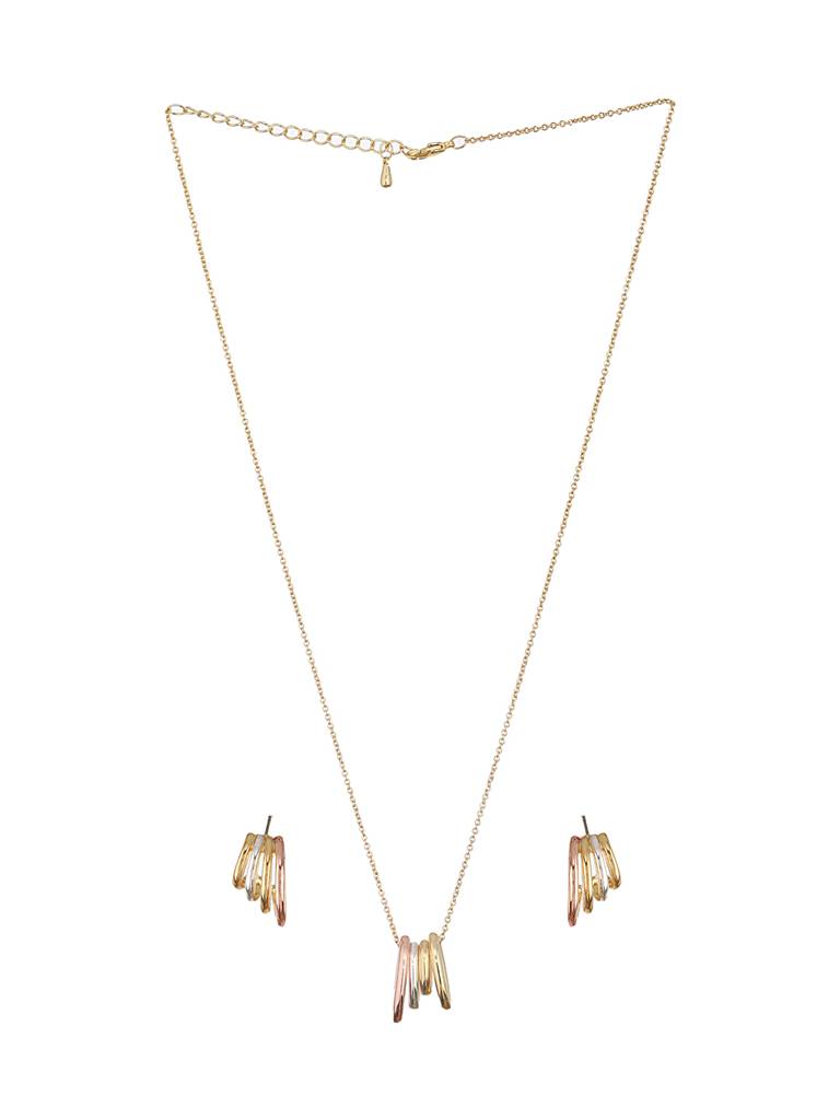Anti-Tarnish Triple Tone Chunky Halo Earrings & Pendant Jewellery Set : STLK8071
