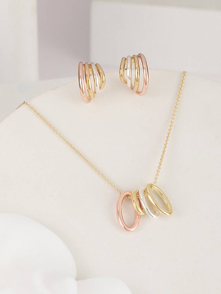 Anti-Tarnish Triple Tone Chunky Halo Earrings & Pendant Jewellery Set : STLK8071