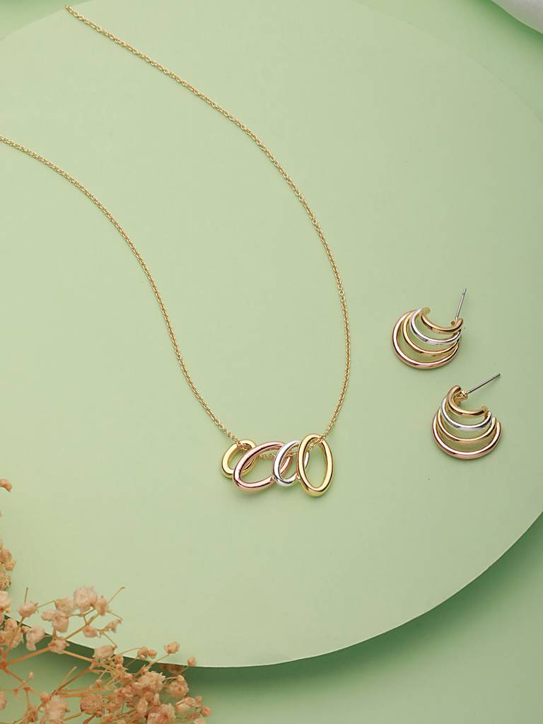 Anti-Tarnish Triple Tone Chunky Halo Earrings & Pendant Jewellery Set : STLK8071
