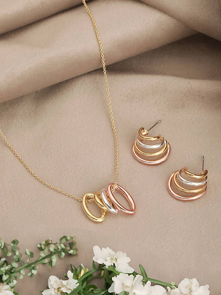 Anti-Tarnish Triple Tone Chunky Halo Earrings & Pendant Jewellery Set : STLK8071