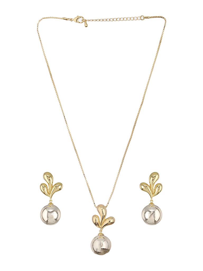 Anti-Tarnish Gold & Silver Plated Leafy Chunky Earrings & Locket Jewellery Set : STLK8072
