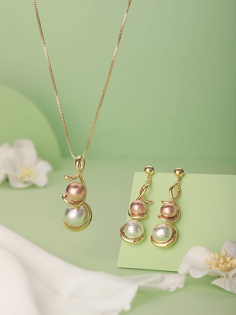 Anti-Tarnish Rose Gold & Silver Toned Twisted Ball Locket & Earrings Jewellery Set : STLK8074