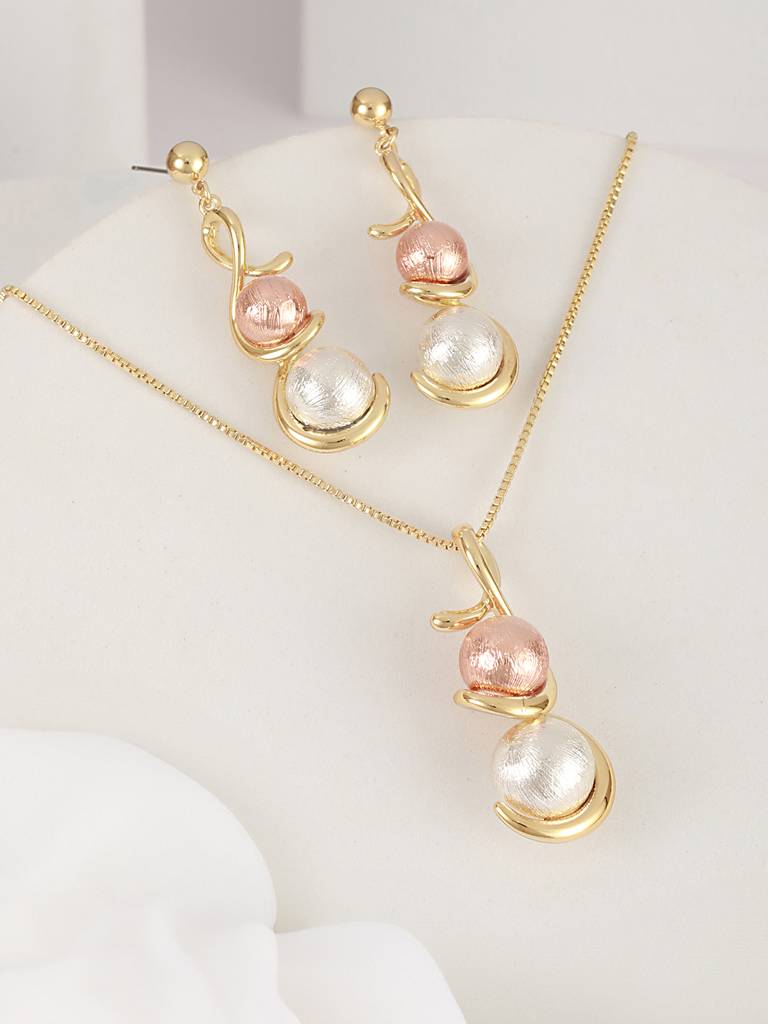 Anti-Tarnish Rose Gold & Silver Toned Twisted Ball Locket & Earrings Jewellery Set : STLK8074