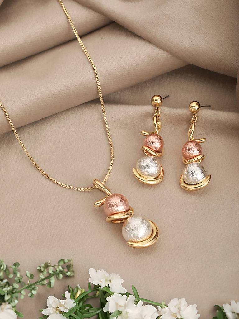 Anti-Tarnish Rose Gold & Silver Toned Twisted Ball Locket & Earrings Jewellery Set : STLK8074