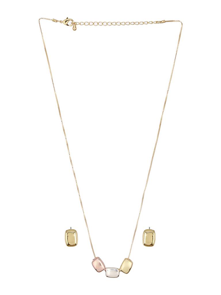 Anti-Tarnish Gold Plated Triple Toned Block Shaped Chunky Minimal Locket Jewellery Set : STLK8075