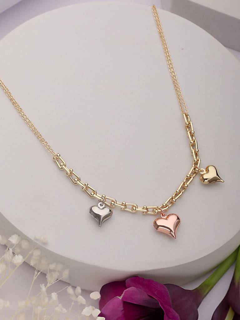 Anti-Tarnish Gold Plated 3 Toned Heart Shaped Chunky Link Chain Necklace : STLK8077