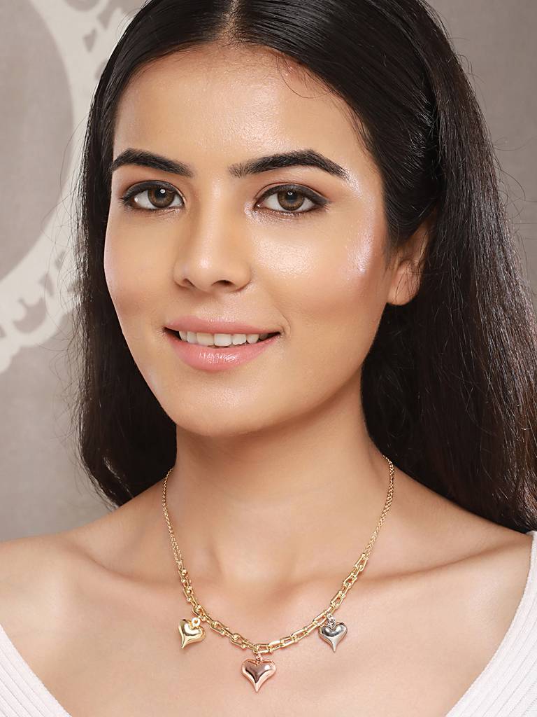 Anti-Tarnish Gold Plated 3 Toned Heart Shaped Chunky Link Chain Necklace : STLK8077