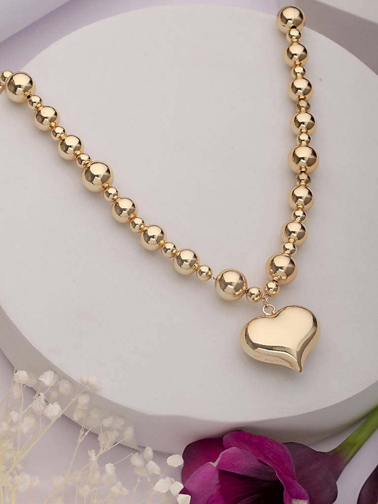 Anti-Tarnish Gold Plated Chunky Ball Chain Heart Shaped Pendant Necklace : STLK8078