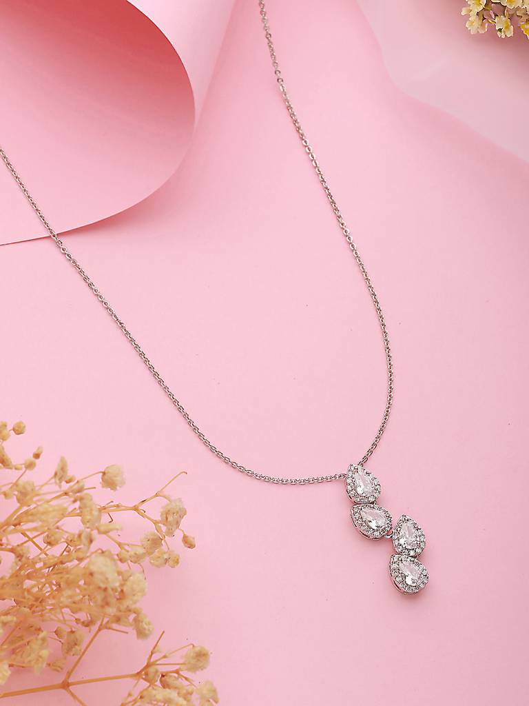 Anti-Tarnish Silver Plated Ad Studded Delicate Solitaire Leaf Pendant Necklace : STLK8081