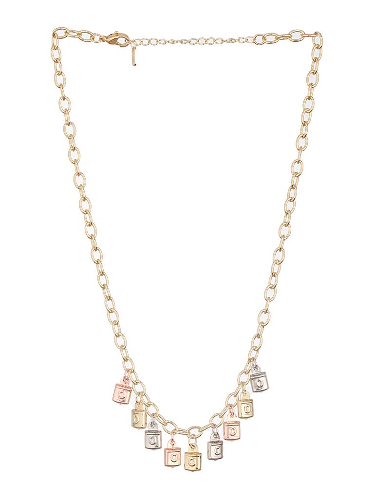 Anti-Tarnish Gold Plated Engraved Lock Pendant Link Chain  Necklace : STLK8084