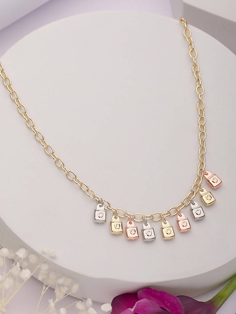 Anti-Tarnish Gold Plated Engraved Lock Pendant Link Chain  Necklace : STLK8084