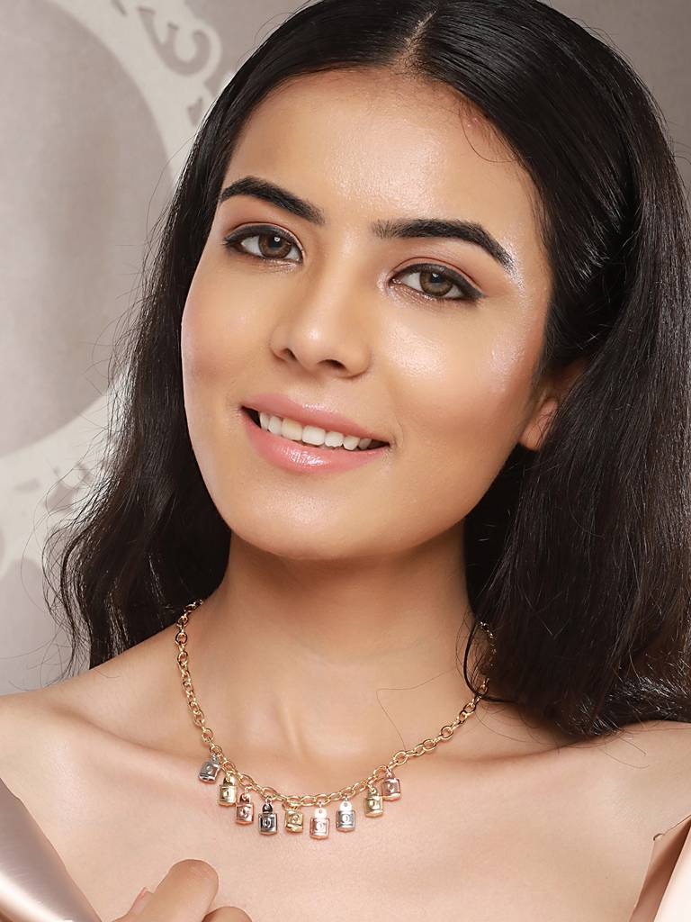 Anti-Tarnish Gold Plated Engraved Lock Pendant Link Chain  Necklace : STLK8084