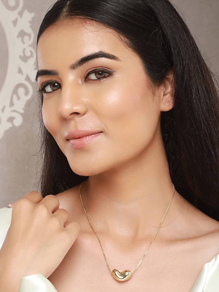 Anti-Tarnish Gold Plated Chunky Heart Pendant Chain Necklace : STLK8088
