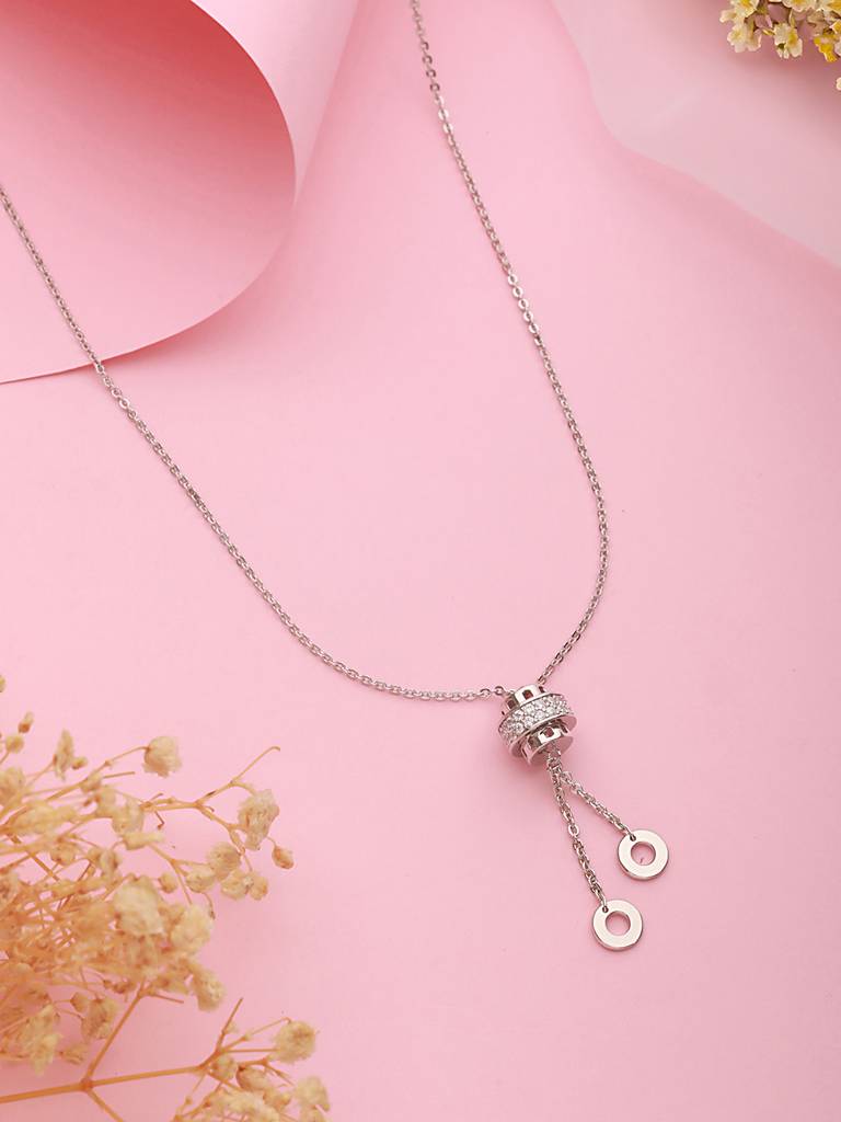 Anti-Tarnish Silver Plated Cz Tassel Crown Pendant Chain Necklace : STLK8090