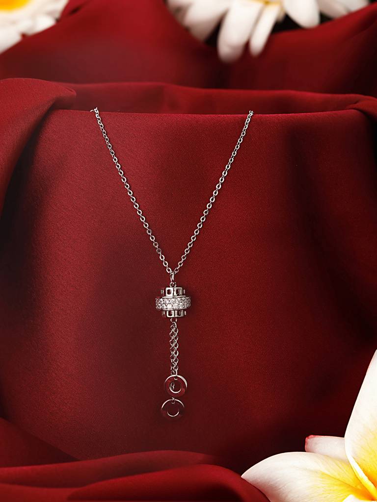 Anti-Tarnish Silver Plated Cz Tassel Crown Pendant Chain Necklace Silver  Stainless Steel