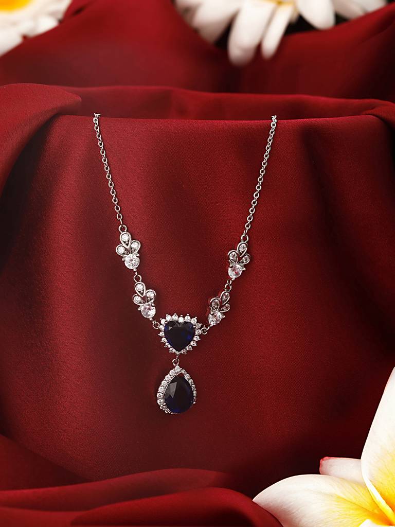 Anti-Tarnish Silver Plated Blue Sapphire Ad Heart Shaped Minimal  Pendant Chain Necklace : STLK8092