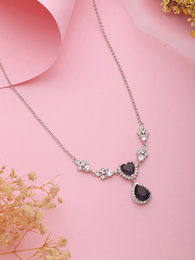 Anti-Tarnish Silver Plated Blue Sapphire Ad Heart Shaped Minimal  Pendant Chain Necklace : STLK8092