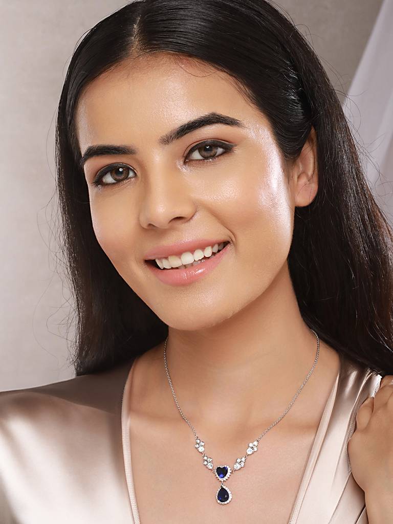 Anti-Tarnish Silver Plated Blue Sapphire Ad Heart Shaped Minimal  Pendant Chain Necklace : STLK8092