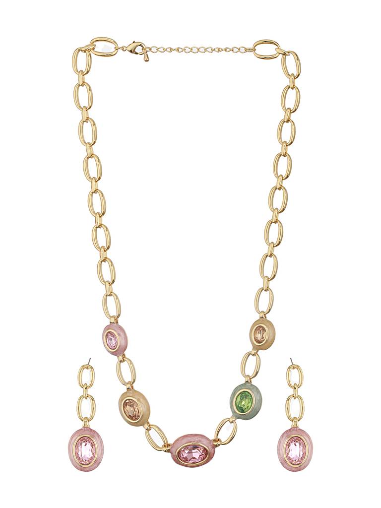 Anti-Tarnish Gold Plated Crystal Studded Link Chain Necklace Jewellery Set : STNK8095